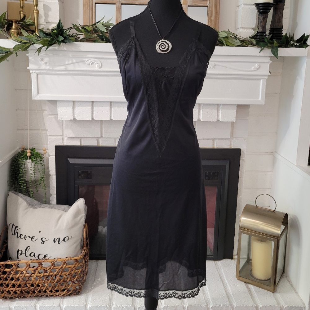 Vintage Black Lace-Trim Sheer Slip Midi Dress Size 38